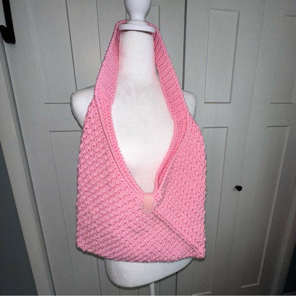Handmade Pink Crochet Shoulder Bag with Faux Leather Snap Closure - Picture 5 of 6